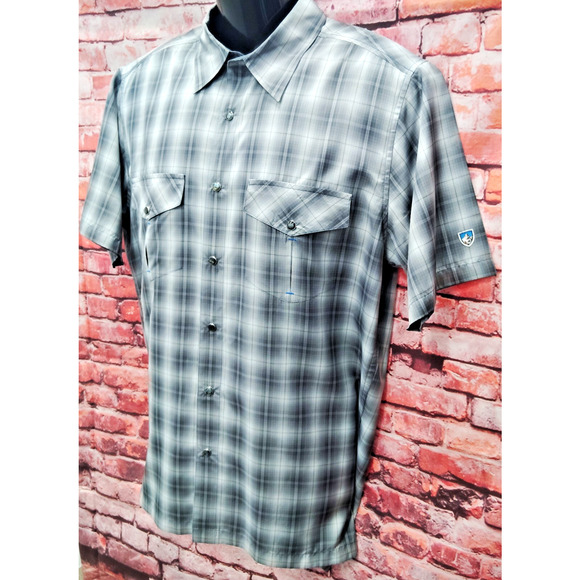 Kuhl Shirt Mens M Gray Plaid Double Pockets Hiking Outdoor Pearl Snap Button - Picture 5 of 7